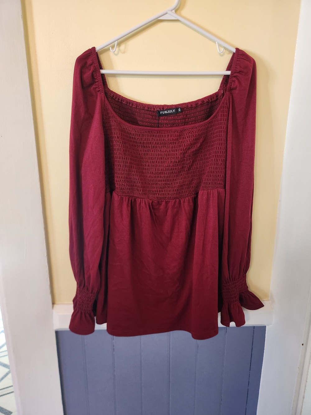 Smocked Square-Neck Long-Sleeve Blouse - Burgundy